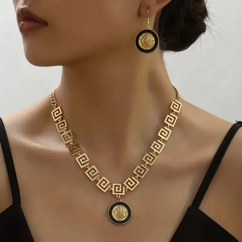 Fashion Classic Enamel Lion Head & Great Wall Pattern Necklace & Earring Set Unisex Luxury Noble Jewelry for Men and Women