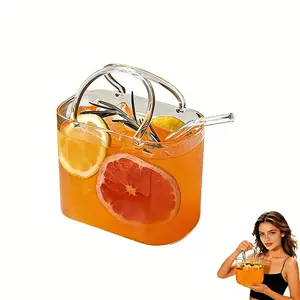 Handbag-shaped glass water glass, unique wine glass with handle and straw, creative cocktail, juice, fruit, and tea cup, suitable for home décor, bars, gardens, parties, and a must-have for glass lovers.
