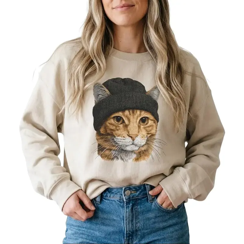 Women's Retro Orange Tabby Cat Graphic Cotton Crewneck Pullover Sweatshirt