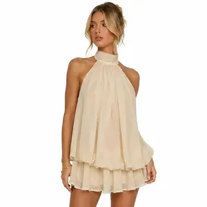Women's Minimalist Satin Halter Mini Dress Backless Tie Neck Layered Ruffle Flowy Short Dress Ivory Chocolate Summer Beach Date Night Club Cocktail Vacation Outfits