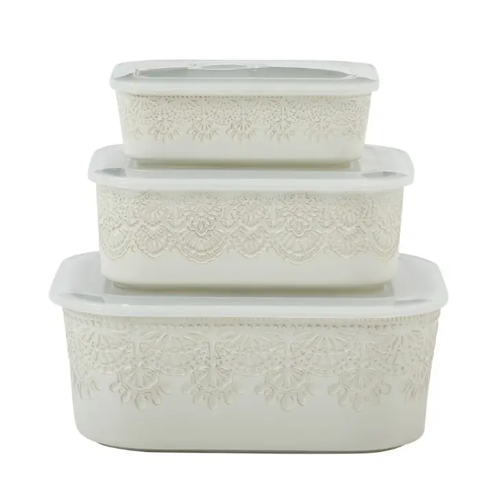 The Pioneer Woman Vintage Lace Ceramic Casserole Dish Set, Nesting Baking Dish with Lid, Linen, 6-Piece Set