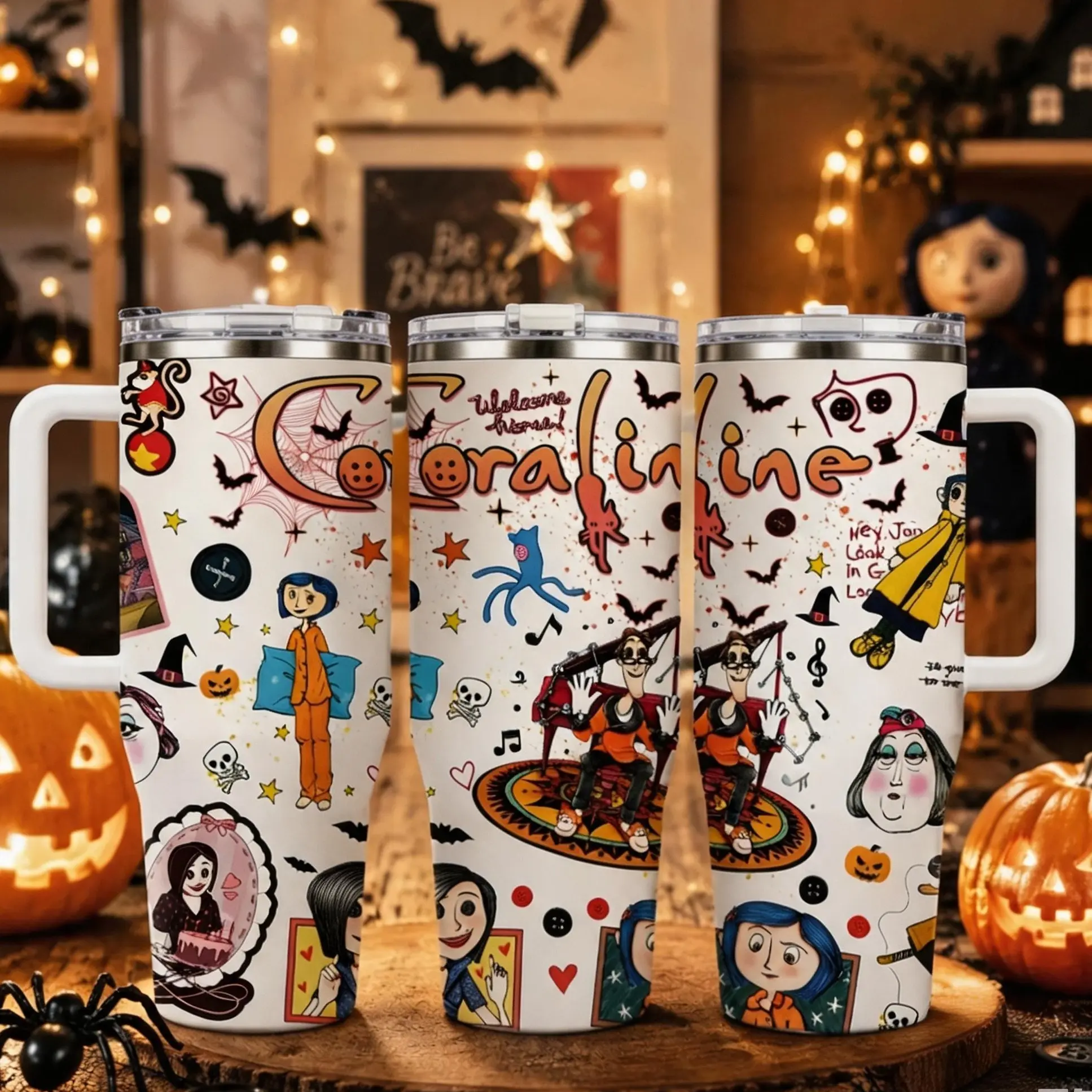 1pc Large 40oz Stainless Steel Vacuum Insulated Flask with Lid and Straw, Coraline Cartoon Travel Tumbler, 12H Hot/24H Cold Retention, Gift for Horror Aesthetic & Animation Enthusiasts, Flasks