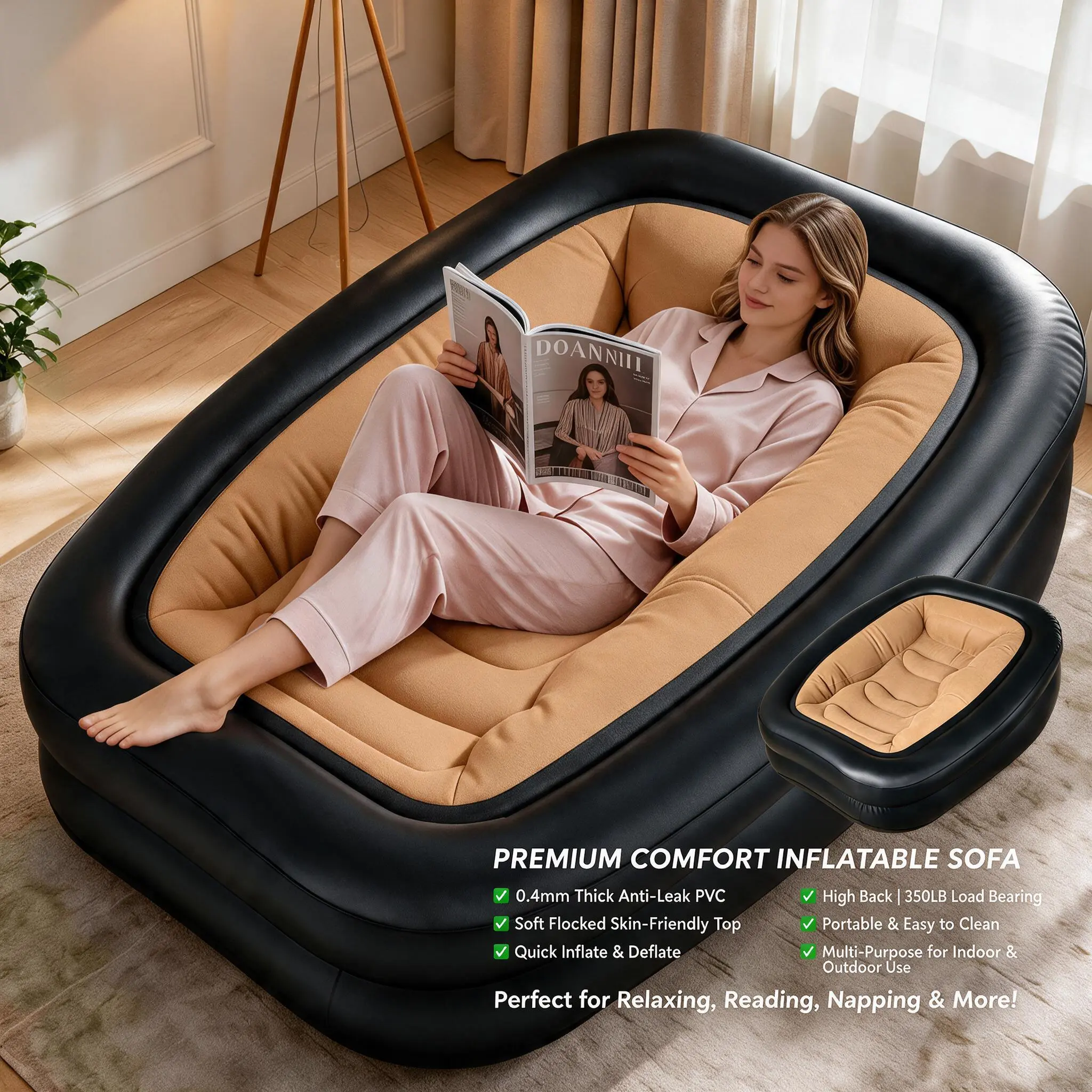 Inflatable Couch For Adults, Heavy-Duty 0.4mm Flocked Air Sofa Bed, Supports 350Lbs, Portable Indoor & Outdoor Blow Up Couch For Camping