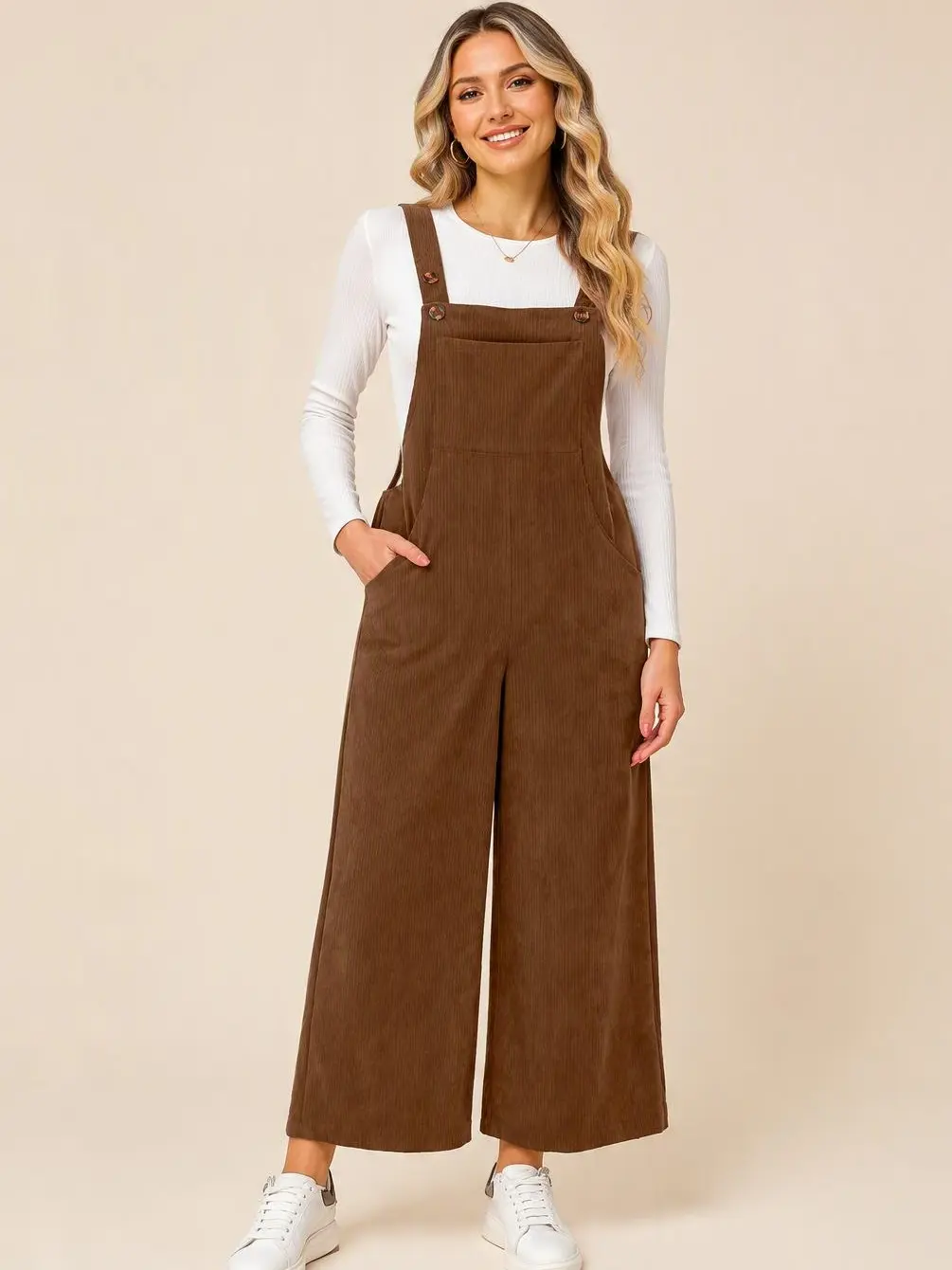 Women's Adjustable Brown Solid Color Corduroy Wide Leg Bib Overalls, Casual Womenswear Outfit Suits