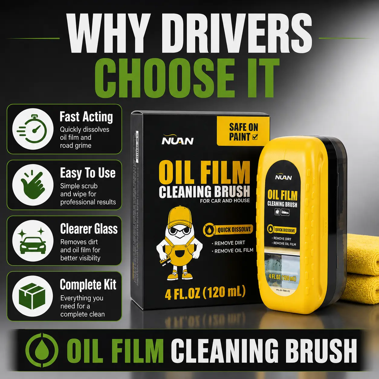 NUAN High-Performance Car Glass Oil Film Remover - Anti-Rain, All-Vehicle Fit, 2pcs Windshield Cleaner, Car Cleaning Products, Surface Cleaner for Clearer Glass