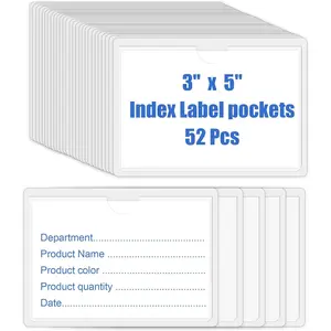 52PCS Clear Index Card Pockets Self-Adhesive 3"X5" Top Open Label Holder Premium Storage Bin Label Waterproof Plastic Removable for Library Office Classroom Organization