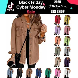 Womens Oversized Denim Jacket Washed Jean Jacket Long Sleeve Button Down Shacket Retro Western Boyfriend Coat Trendy