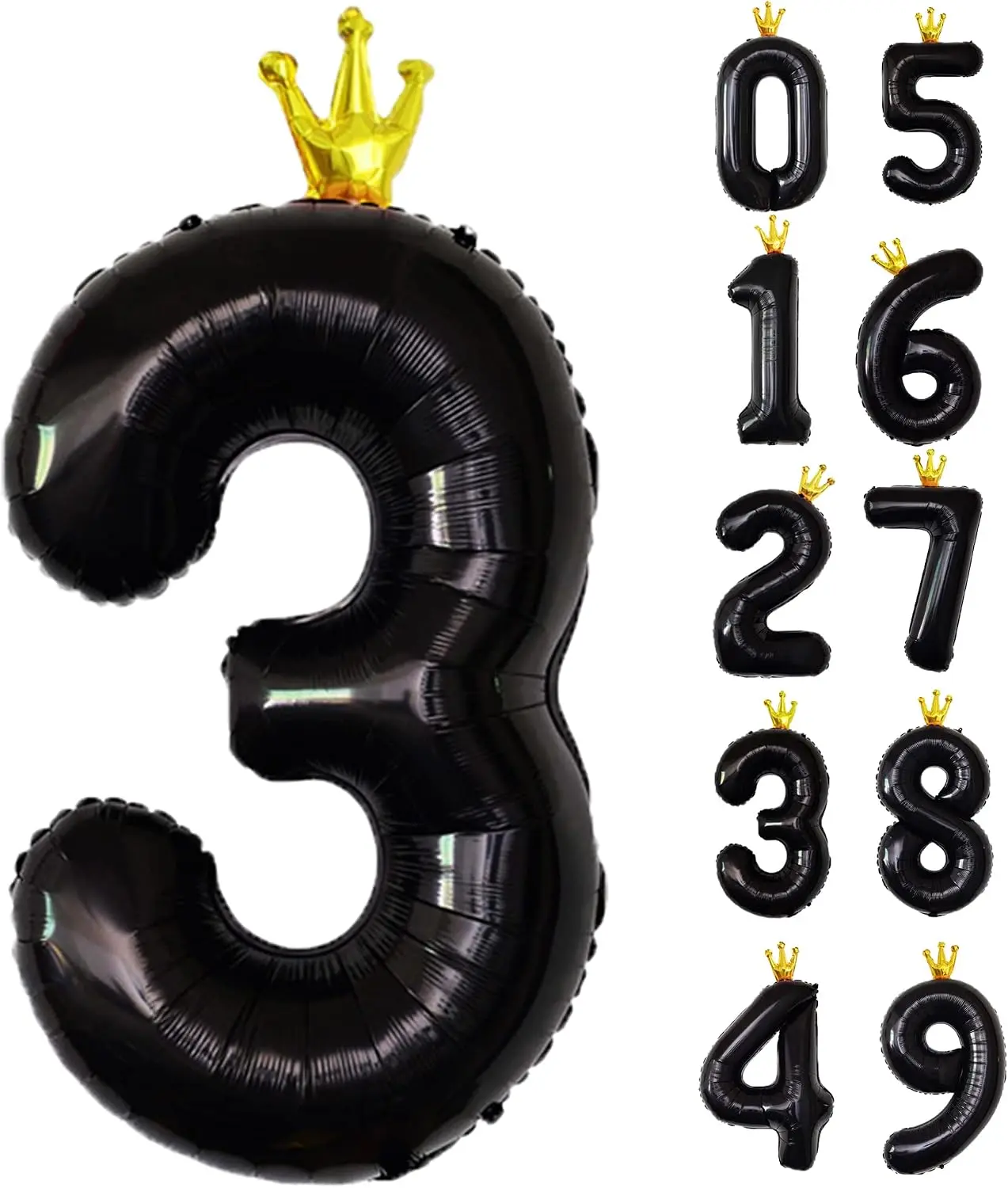 Giant Black Number 3 Balloon with Crown - 40 inch | Large Number 3 Balloons, Mylar Foil Number Balloon for 3rd Birthday Party Decorations, Anniversary Decorations