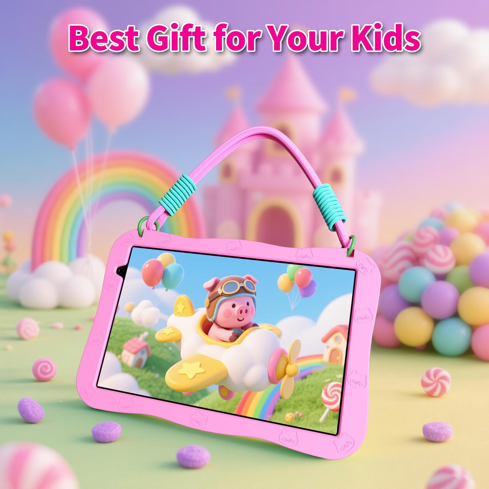 [TikTokShopStockUp]PRITOM Kids Tablet 10 inch Android 15 8GB RAM 32GB ROM Dual Cameras WiFi 6 6000mAh Battery Protective Silicone Case Animal Flash Cards Educational Apps Toddler Gifts Stress Relief Case Pink Blue-Tablet Screen