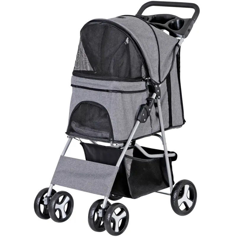 Segawe 4-Wheel Portable Dog Pet Stroller - Gray Fabric, Collapsible Storage Bins, Central Tray, 30 lbs Capacity, 6.9" x 5.1" Dimensions, Camping-Friendly, Travel-Ready, Reduces Pet Body Stress, Portable Puppy Stroller