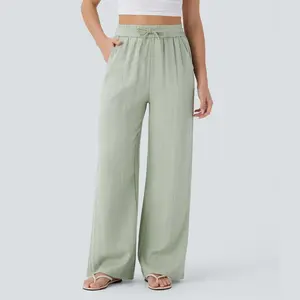 Halara High Waisted Drawstring Pocket Wide Leg Casual Linen-Feel Pants #summervibes