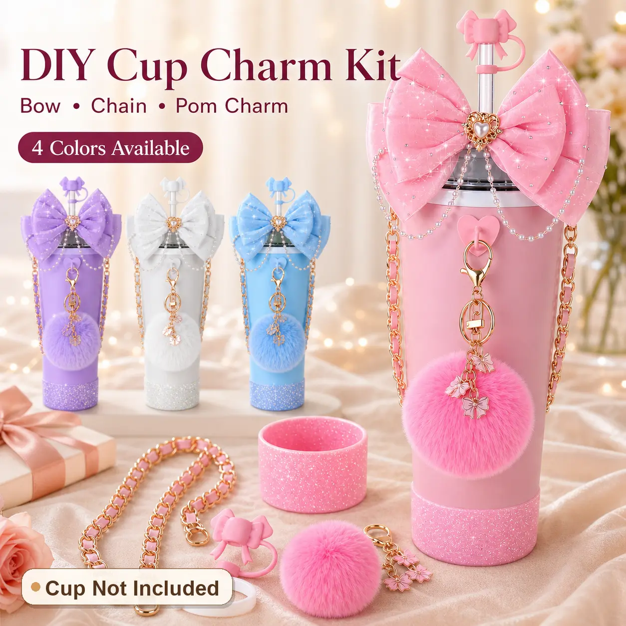 8-Piece 40oz Drinkware Accessory Set (No Cup) - Fabric Bows, Silicone Straw Caps, Rubber Cup Rings, Metal Keychains, Bottle Boots, Heart-Shaped Hooks, Waterproof, Elastic, Lightweight, Stylish High-Quality Kitchenware