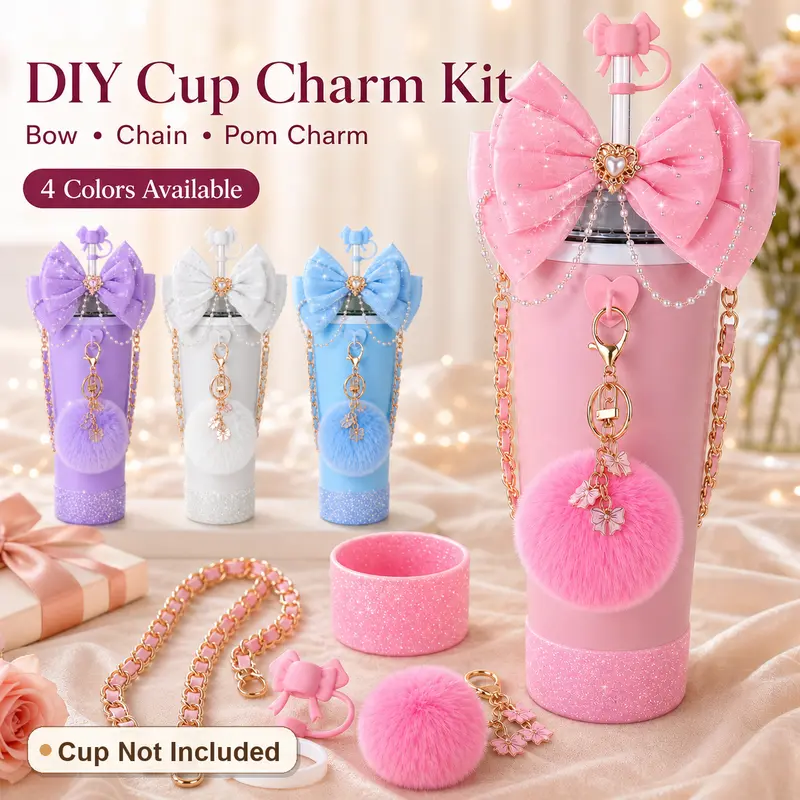 8-Piece 40oz Drinkware Accessory Set (No Cup) - Fabric Bows, Silicone Straw Caps, Rubber Cup Rings, Metal Keychains, Bottle Boots, Heart-Shaped Hooks, Waterproof, Elastic, Lightweight, Stylish High-Quality Kitchenware