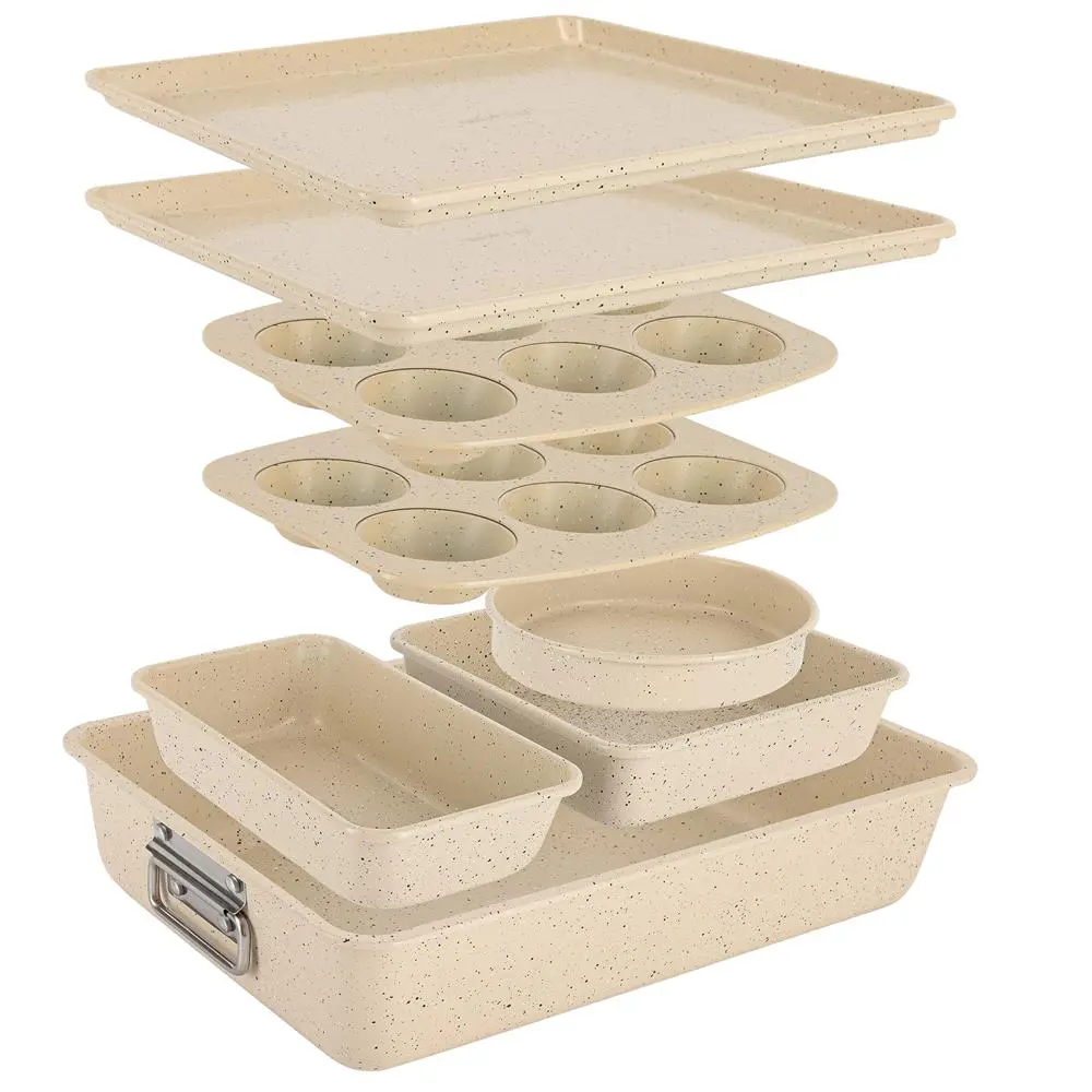 Nutrichef 8-Piece Marble Cream Nonstick Bakeware Set - Space-Saving Stackable Carbon Steel Pans, Including Cookie Sheet, Muffin, Loaf, Round, Square & Deep Cake Pans - Dishwasher Safe, Easy-Clean Kitchen Accessories