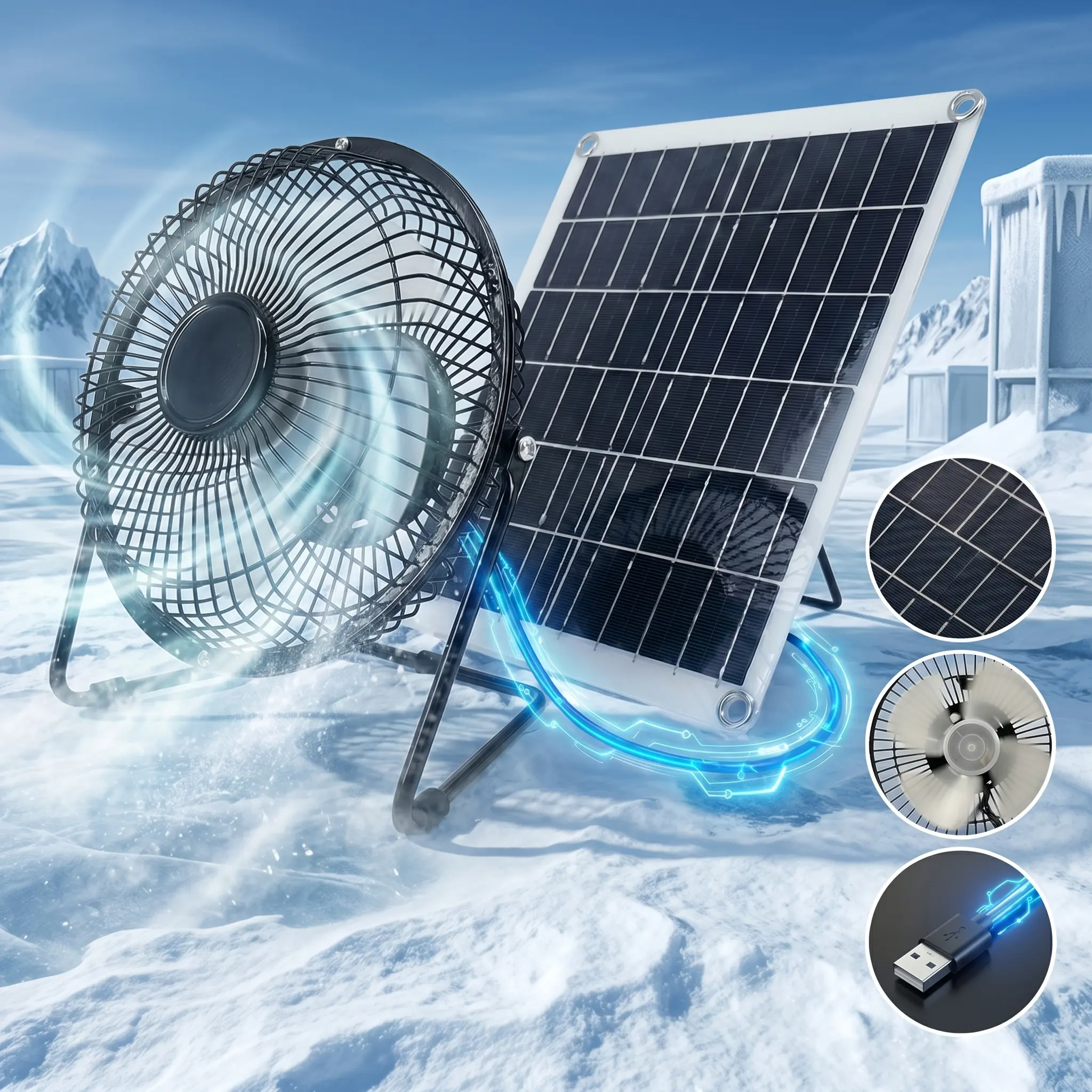 Portable Solar Powered Fan with Powerful Airflow, Ultra Quiet Cooling, USB Rechargeable Design, Compact Size & Eco-Friendly Energy Saving for Outdoor Travel and Daily Use