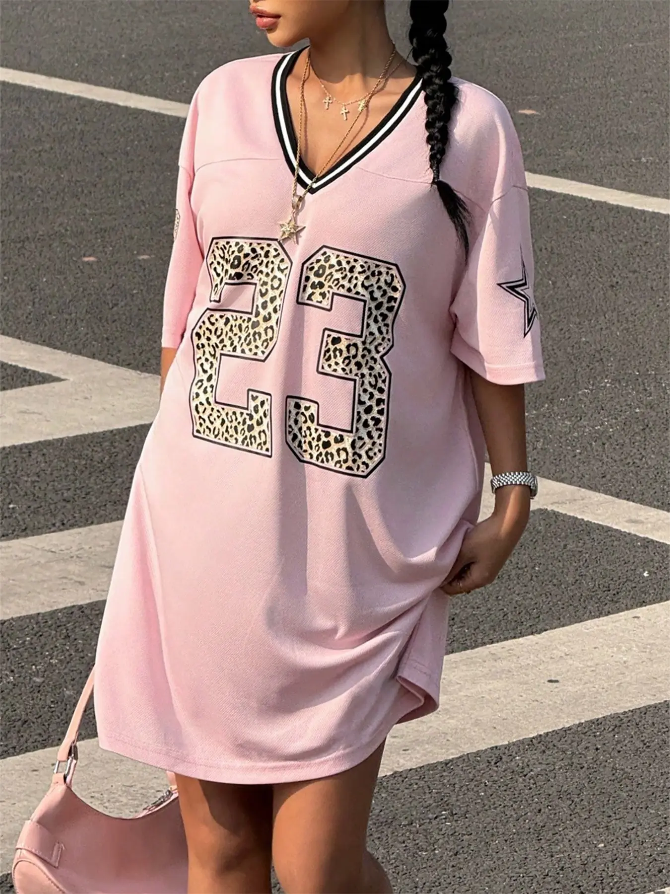 Y2K Sweet Cool Leopard Print 23 Number Large Size Casual Jersey T-Shirt Dress, Mesh Breathable V-Neck Loose Sport Top, Plus Size American Style Daily/music Festival Wear - TikTok Shop Y2K Sweet Cool Leopard Print 23 Number Large Size Casual Jersey T-Shirt Dress, Mesh Breathable V-Neck Loose Sport Top, Plus Size American Style Daily/music Festival Wear - TikTok Shop