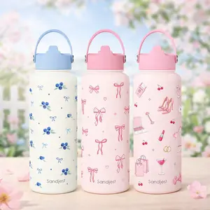 Sandjest 32oz Insulated Water Bottle with Flip Straw & Handle, Stainless Steel Leak Proof Travel Mug, Protective Silicone Base for Sports, Outdoor, Gym, School