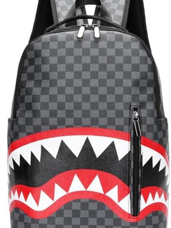 Sprayground Shark Backpack with Bold Checkerboard Design and Red Teeth Detailing
