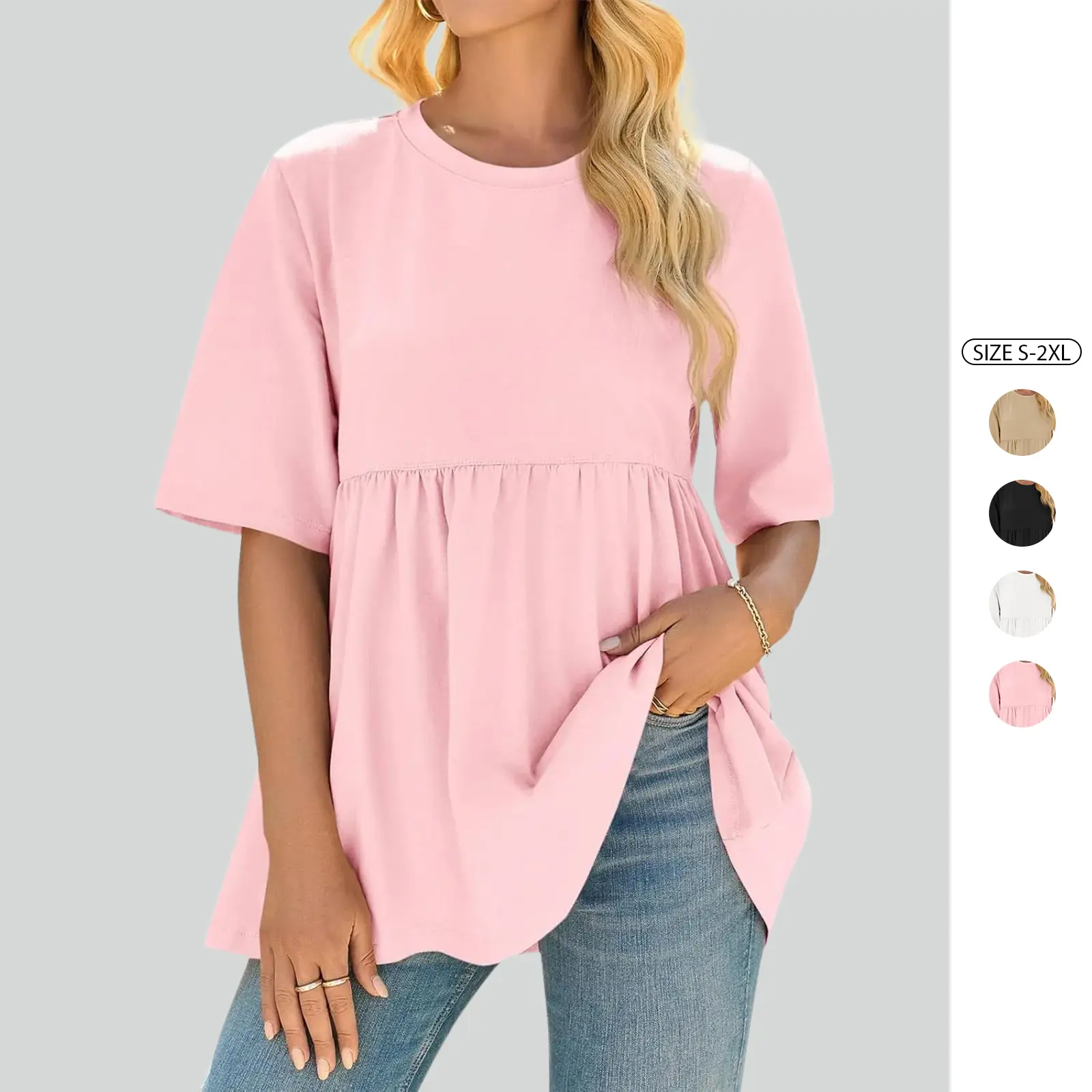 Imily Bela Womens Summer Babydoll Tops Oversized Short Sleeve Crewneck T Shirts Peplum Casual Loose Blouse