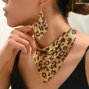 Leopard Print Sequin Choker Necklace and Drop Earrings Set, Sparkly Triangle Metal Mesh Jewelry, Statement Party Accessory for Women