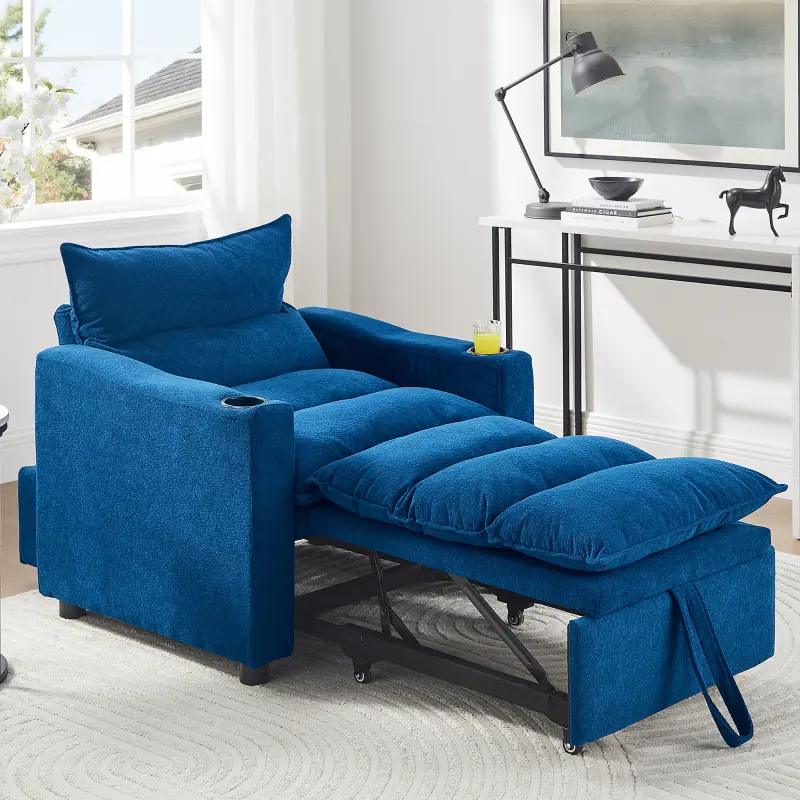 Convertible Sleeper Sofa Bed Chair, 3-in-1 Pull Out Velvet Cloud Comfy Futon Fluffy Single Sofa Couch Chair Bed with 2 Cup Holders for Guest Room, Living Room, Office, Adjustable Backrest
