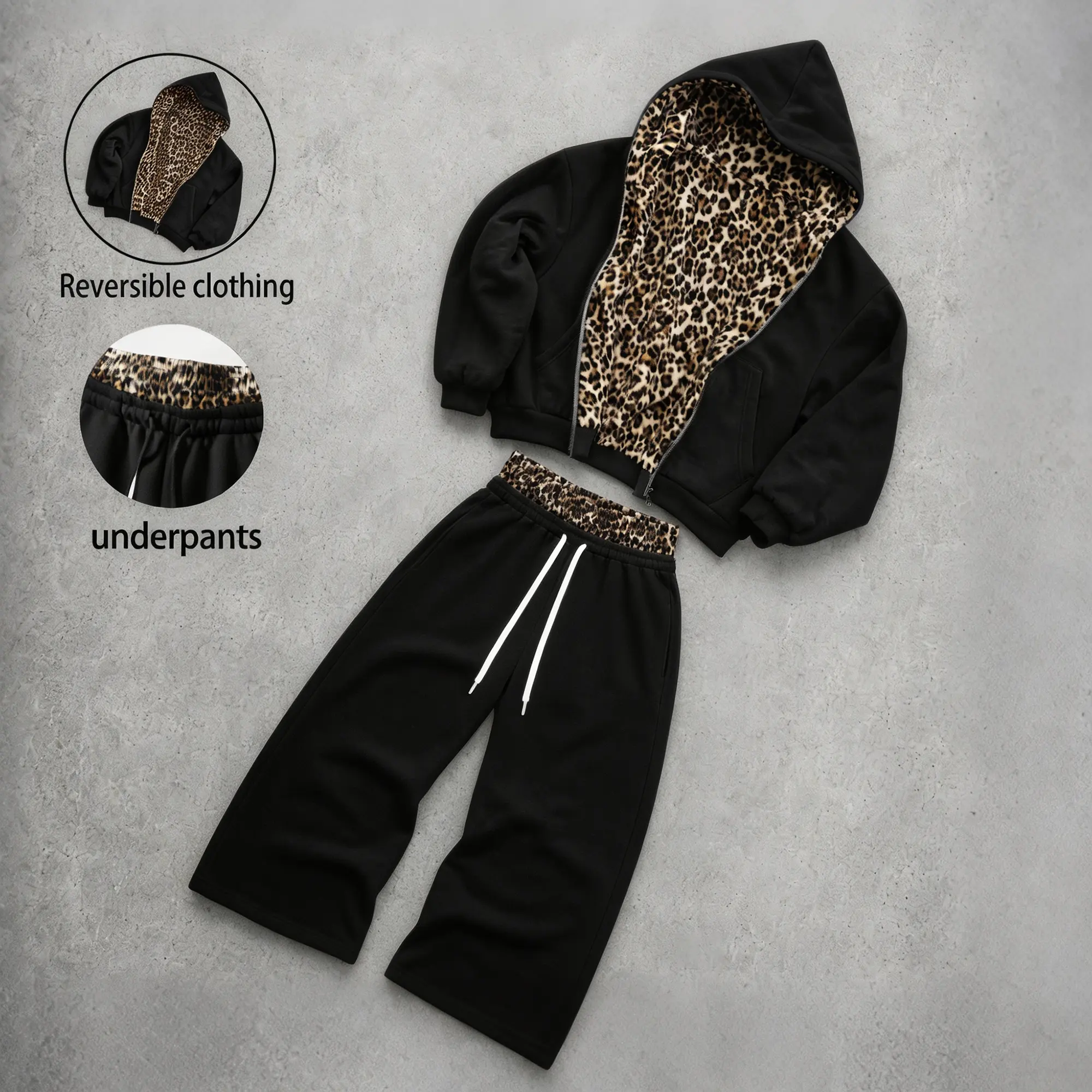 Men’s autumn/winter two-way leopard-print hooded zip-up jacket and cotton casual loose sweatshirt pants set with leopard-print waistband; two-piece set