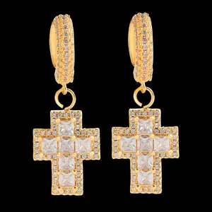 [ICE HUE]18K Gold Vacuum Plated Copper with 5A+ Sri Lanka Zircon Cross Earrings Miami Italy Mexico & Micro Inspired for Women & Men Luxury Jewelry,Daily Wear,Casual Fashion,Gift Idea,,Classic,Hip Hop,Simple,Sporty Style
