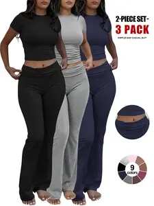 Women's Lounge Sets, 2-Piece Foldover Yoga Flare Leggings & Crop Top, Casual Y2K, Matching Tracksuit Set, Casual Activewear