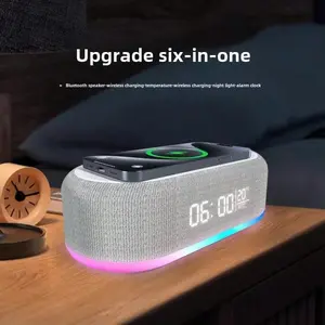 6-In-1 Colorful Bluetooth Speaker With Wireless Charging, Alarm Clock, Temperature Display,  Multi-functional Creative Audio Gift for Smartphones ，15W Wireless Charging Protection