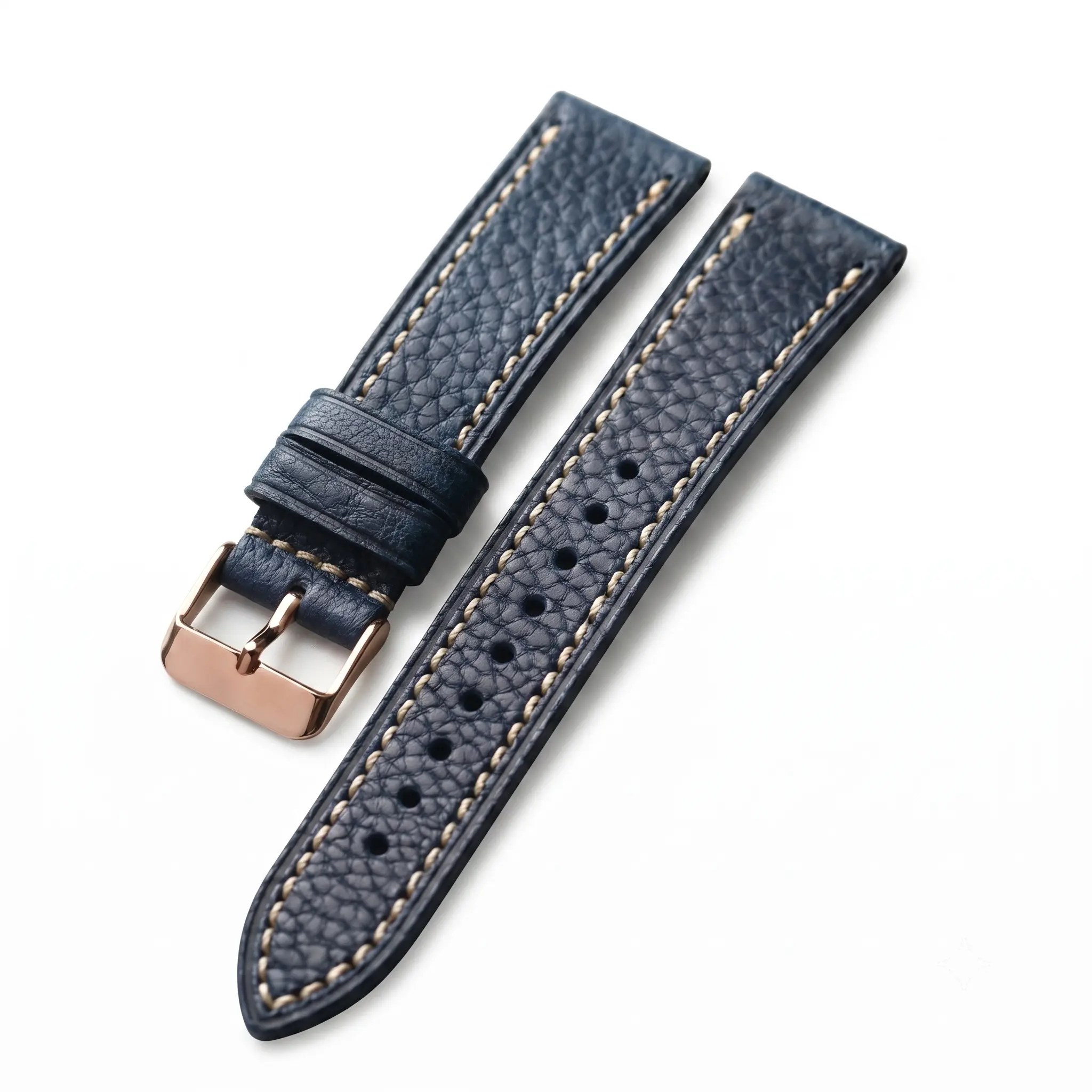 Genuine Italian Leather Watch Strap with Cream Stitching and Pin Buckle