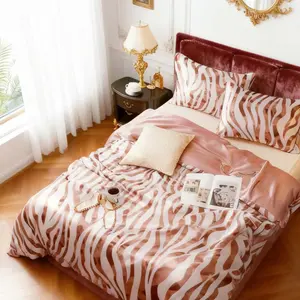 Silky Satin Printed Bedding Set, Pink Zebra Print, Soft Comfortable Green Geometric Prints, Includes 1 Duvet Cover & 2 Pillowcases, Good Christmas Gift
