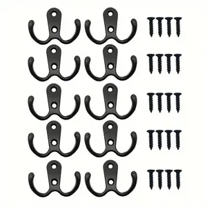 10pc Double Hooks + 20pcs Screws Clothes Hook Wall Hook, Storage Hooks, Heavy Metal Double Hook, Easy To Install, Suitable for Hanging Clothes, Towels, Keys, Jackets, Very Suitable for Bedroom and Bathroom, Room Decoration Home Organization