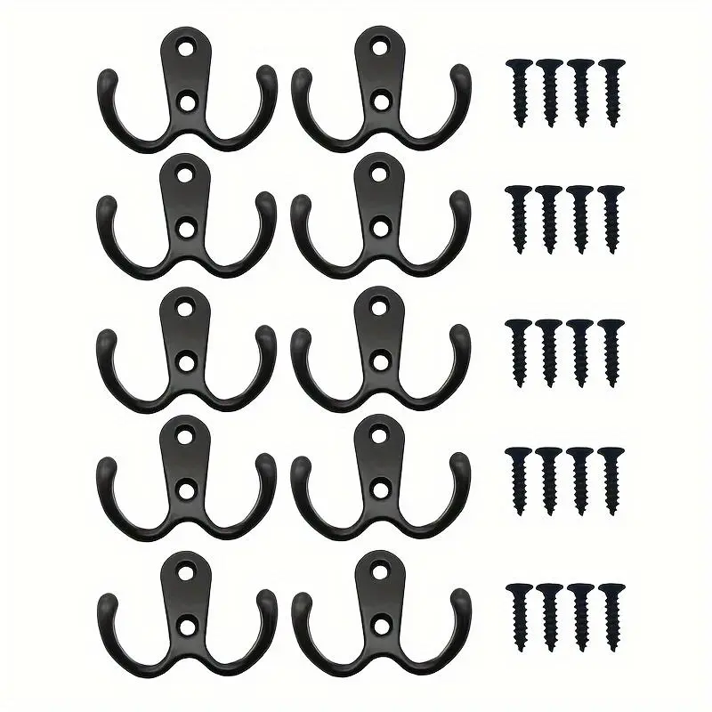 10pc Double Hooks + 20pcs Screws Clothes Hook Wall Hook, Storage Hooks, Heavy Metal Double Hook, Easy To Install, Suitable for Hanging Clothes, Towels, Keys, Jackets, Very Suitable for Bedroom and Bathroom, Room Decoration Home Organization