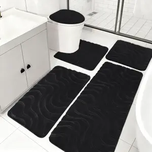 Rug Sets 5 Piece, Soft Absorbent Non-Slip Plush Bath Mats, Includes Cover, Bath Runner and U-Rug, Machine Washable, Black
