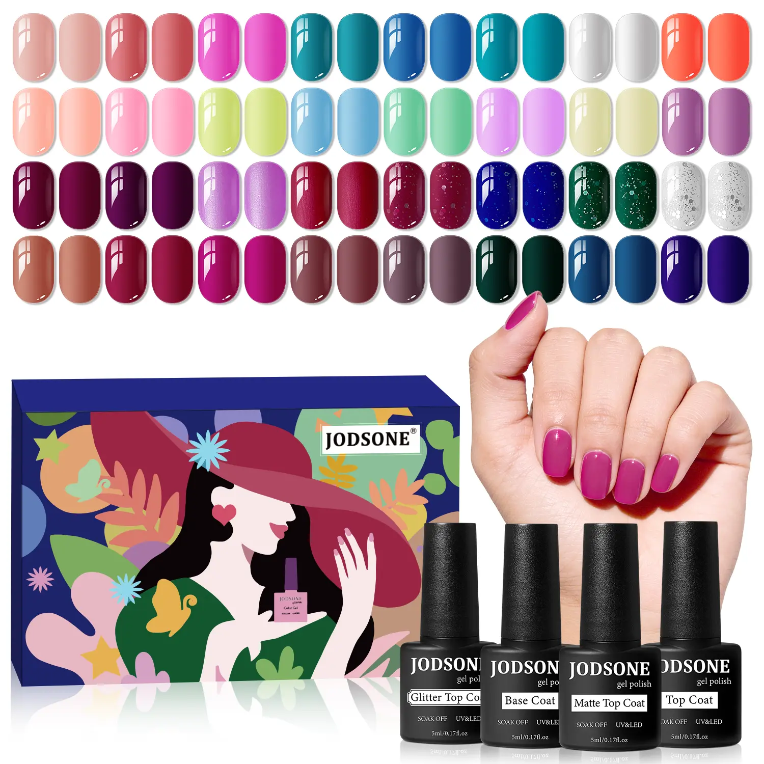 JODSONE 32+3 Pcs Gel Nail Polish Kit Soak Off Gel Polish Set Glitter Gel Nail Kit with No Wipe Base Coat Top Coat and Matte Top Coat for Nail Art Salon DIY at Home Manicure Kit