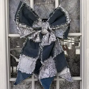 Denim Doorhanger Bow - Blue Denim Bow with Lace Accents for Home Decor