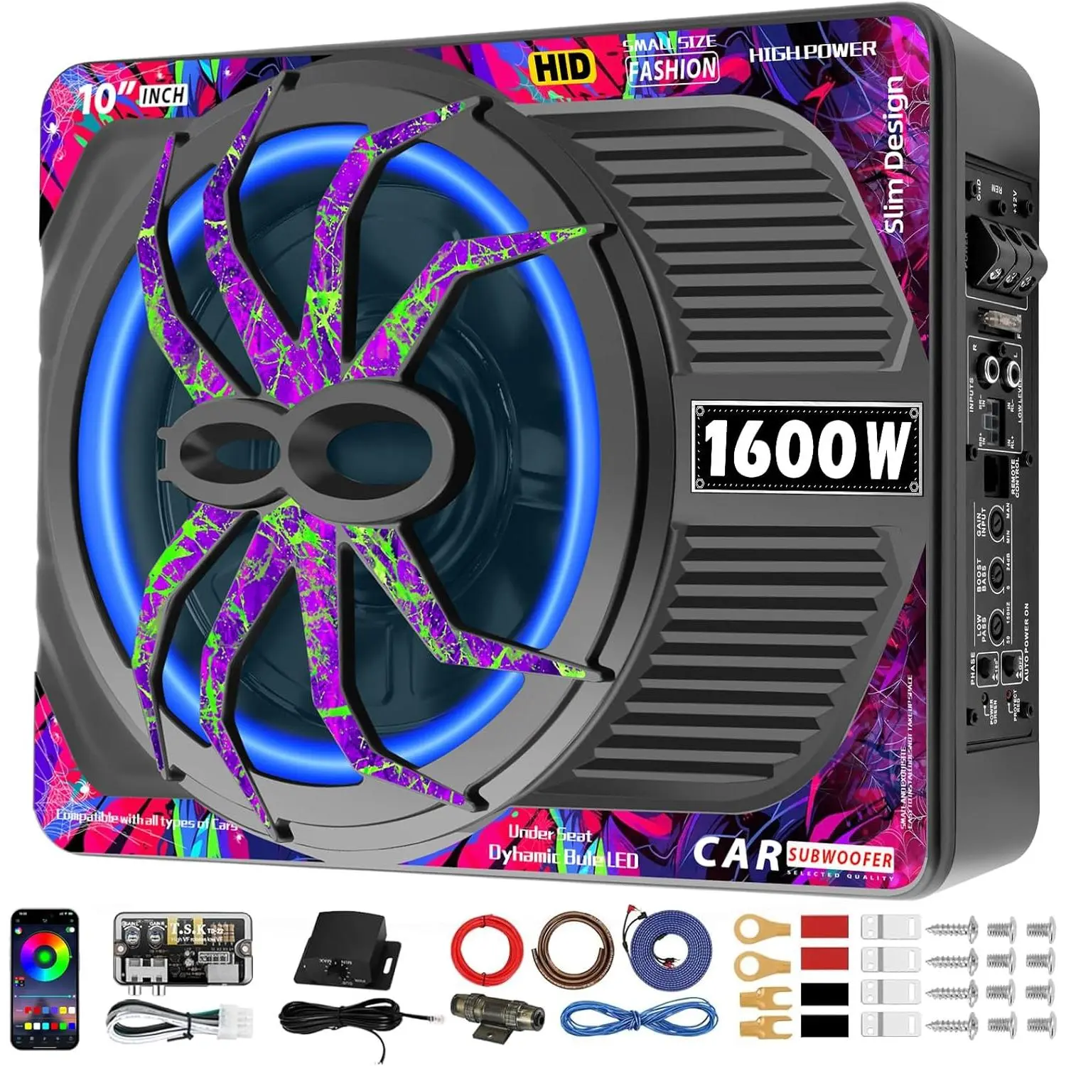 1600W Slim Under seat Car Subwoofer with Built-In Amplifier, RGB Beat-Synced Light, Low Pass/Gain/Bass Boost Controls, Deep Bass All-in-One Subwoofer and Amp Package for Truck/SUV/Jeep/Sedan