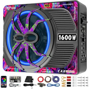 1600W Slim Under seat Car Subwoofer with Built-In Amplifier, RGB Beat-Synced Light, Low Pass/Gain/Bass Boost Controls, Deep Bass All-in-One Subwoofer and Amp Package for Truck/SUV/Jeep/Sedan