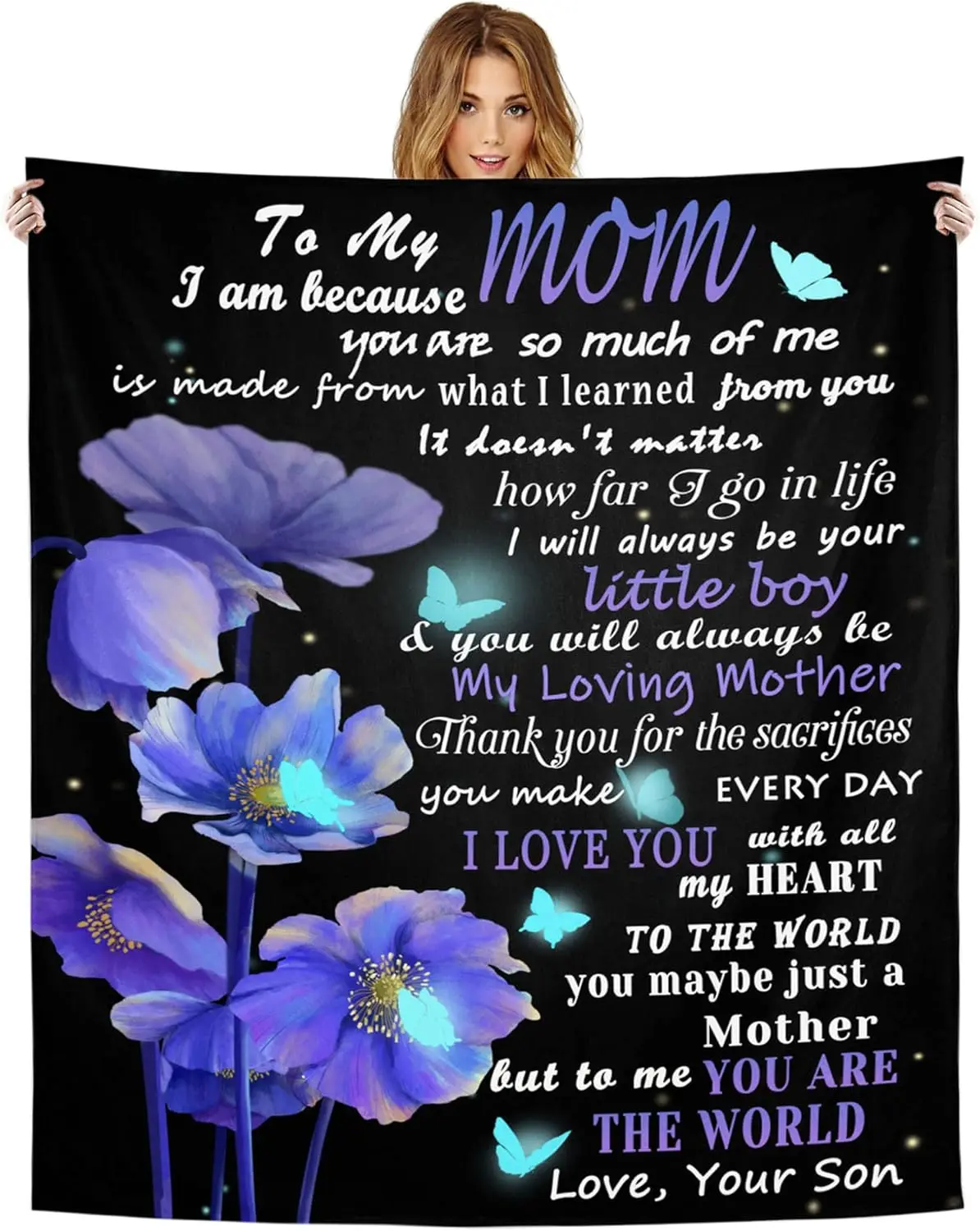 [SummerVibes] for Mom from Son Blanket Soft Mom Blanket for Mom Flannel Throw Blanket Christmas Thanksgiving Birthday Gifts for Mom Butterfly Custom