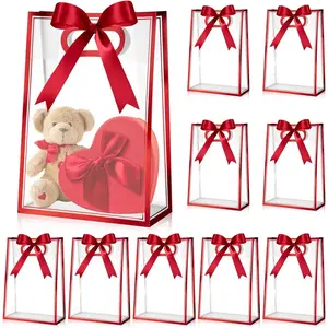 12 Pcs Clear Plastic Gift Bag with Die Cut Handles Reusable PP Favor Bag with Ribbon for Valentine Wedding Bridal Birthday Shower Party Small Business 7x10x3.15 Inch Red