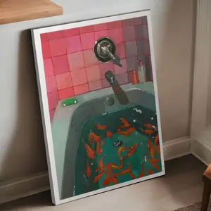 Grid Bathroom Bathtub Goldfish Poster, Artistic Canvas Print Wall Art, Artwork, Creative Modern Minimalist Home Decor, Ideal Gift
