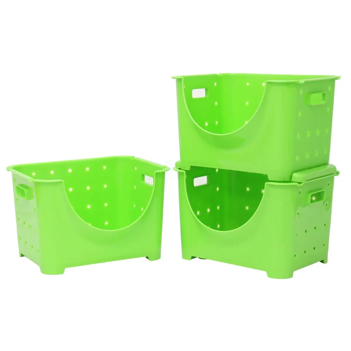 Basicwise QI003215G Stackable Plastic Storage Container Set - 3 Durable Lightweight Bins with Cutout Handles, Easy Stacked Access, 10x11x9in Green for Home, Garage, Playroom