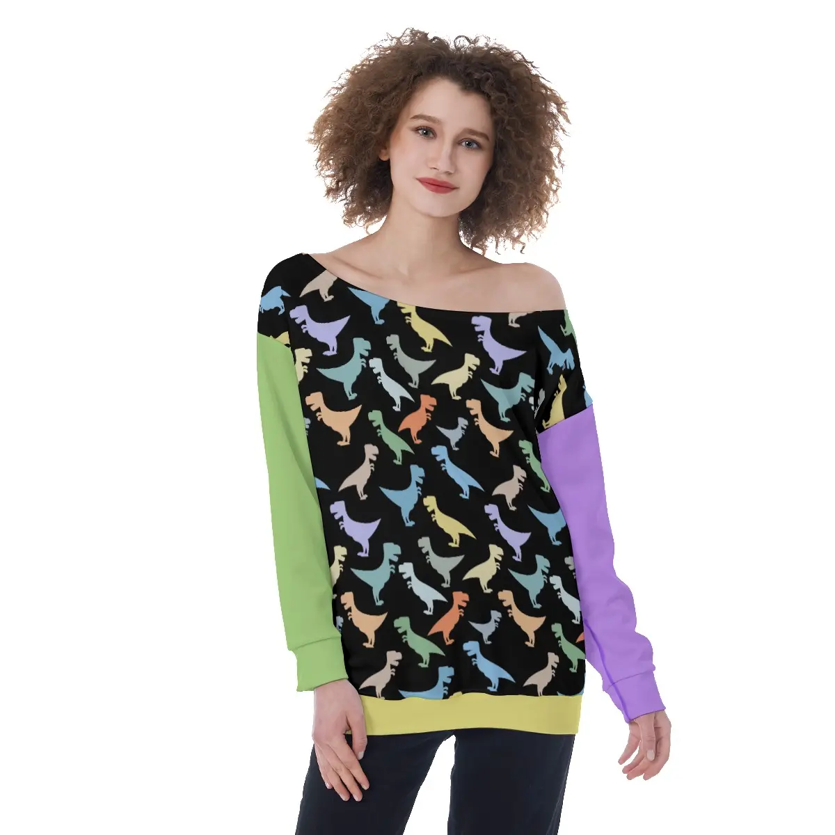 Dinosaur Colorful, Long Sleeve Sweater - Off the Shoulder