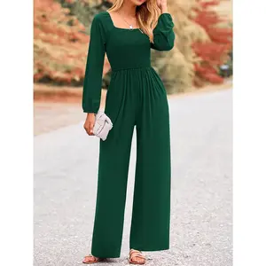 Stylish Wide Leg Jumpsuit - Elegant Cinched Waist, Ruched Long Sleeves, Square Neck, Comfortable Fabric - Perfect for Spring & Summer, Women's Clothing