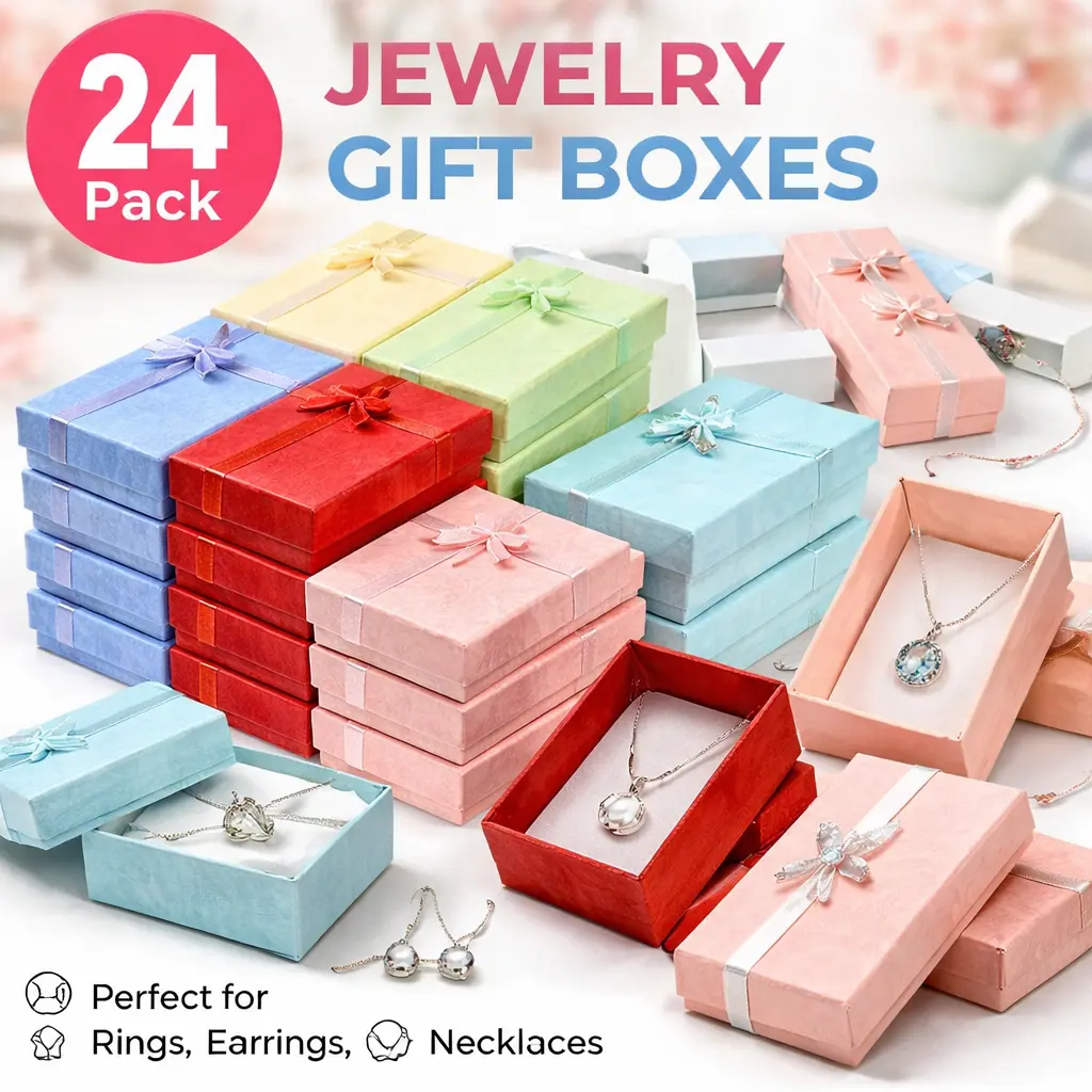 24pcs Small Jewelry Gift Box Set (3.2x2.0x1.1") - Cardboard Presentation Boxes with Soft Velvet Pads, Ribbon-Tied Lids, 6 Assorted Colors - For Rings, Earrings, Pendants, Necklaces - Ideal Wedding Gifts, Birthdays