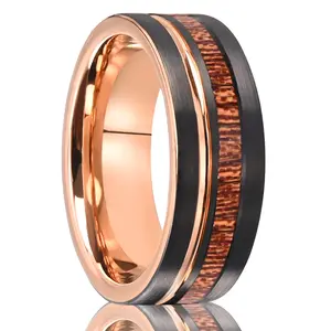 8MM/6MM Rose Gold Tungsten Steel Ring, Set With Barrel Wood, Couple's Rings, Commitment Ring, Valentine's Day/Anniversary Gift