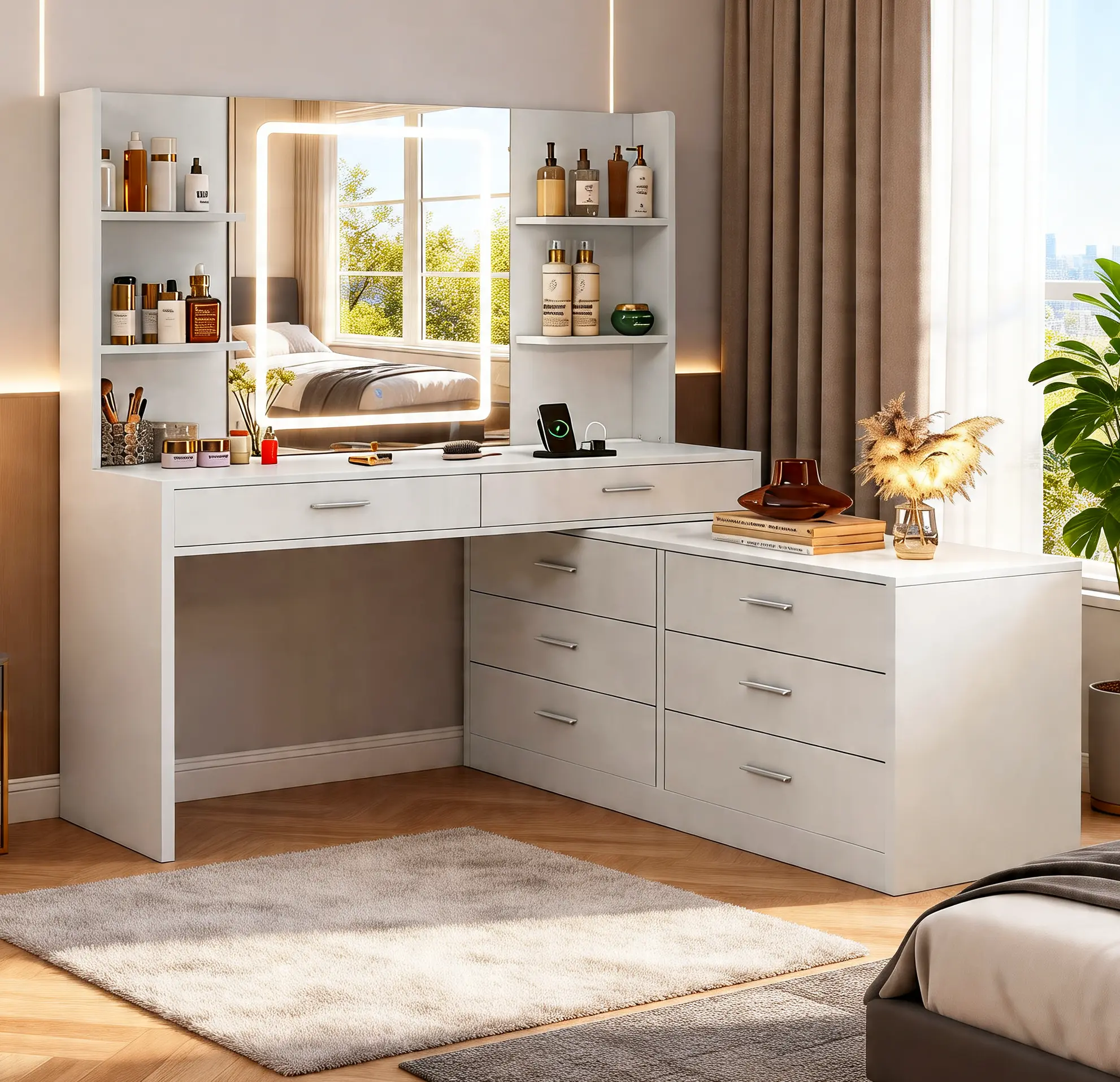 White Modern Makeup Vanity Desk with Mirror Light, 8 Drawers, Storage Shelves, Built-In Power Outlet, 3 Color Modes Bedroom Furniture