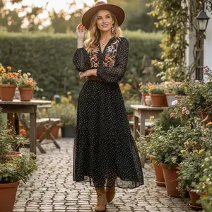 Women's Floral Embroidered Bishop Sleeve A-Line Dress, Vintage Bohemian Chiffon Long Skirt, Perfect for Holidays & Travel All Year Round（gift）VSF0