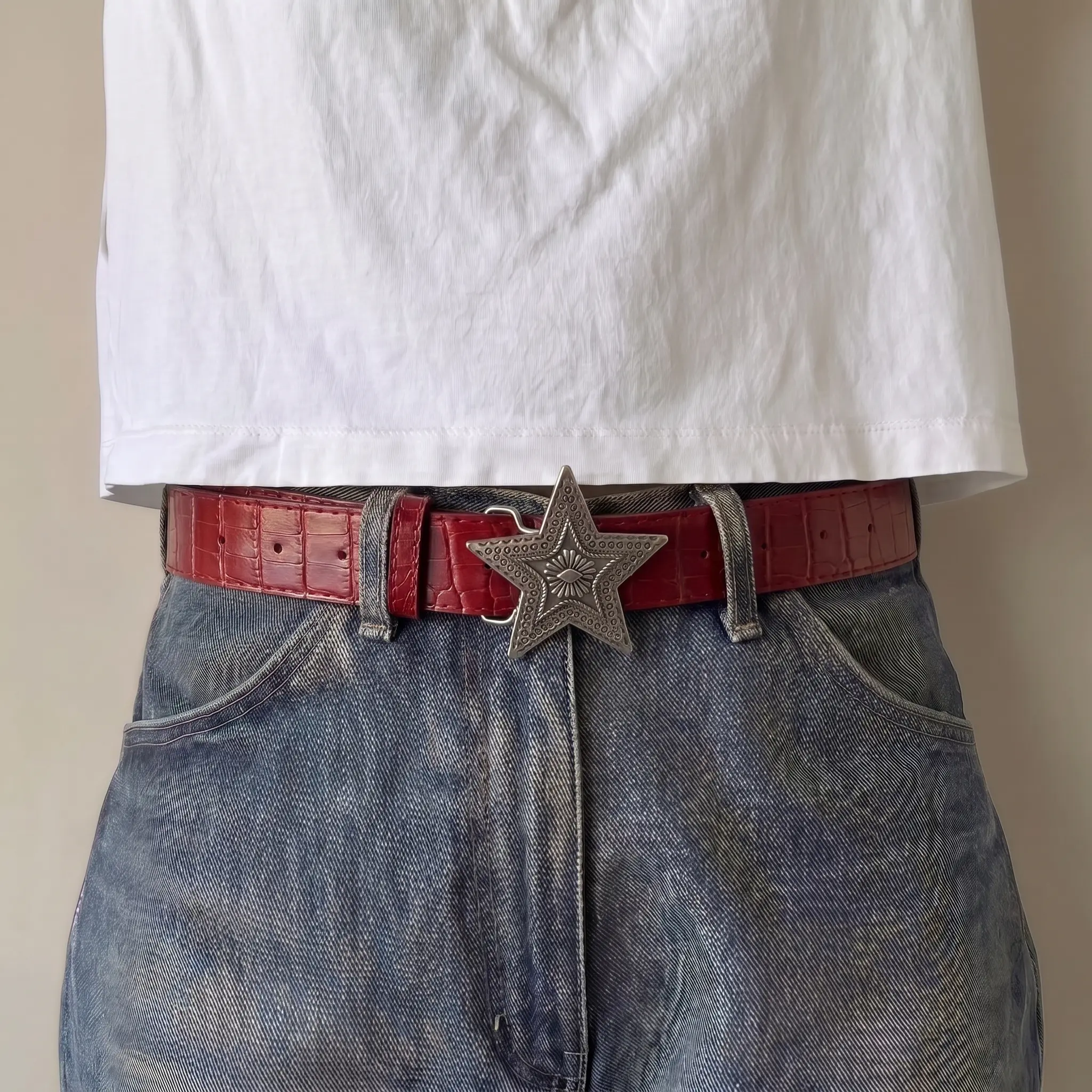 Red Croc-Embossed Western Belt with Ornate Silver-Tone Star Buckle