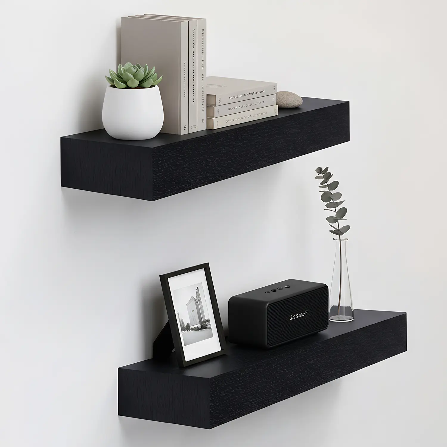 Spaco Black 18.11in Durable Wooden Single Layer Hanging Shelf - Invisible Brackets, Wall Mount Home Supplies Storage Organizer for Blank Wall, Kitchen (20 - 25 Kg Capacity)